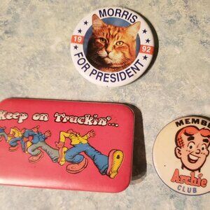 Vintage pins from 60s, 70s, 90s: Archie Club, Keep On Truckin', Morris the Cat